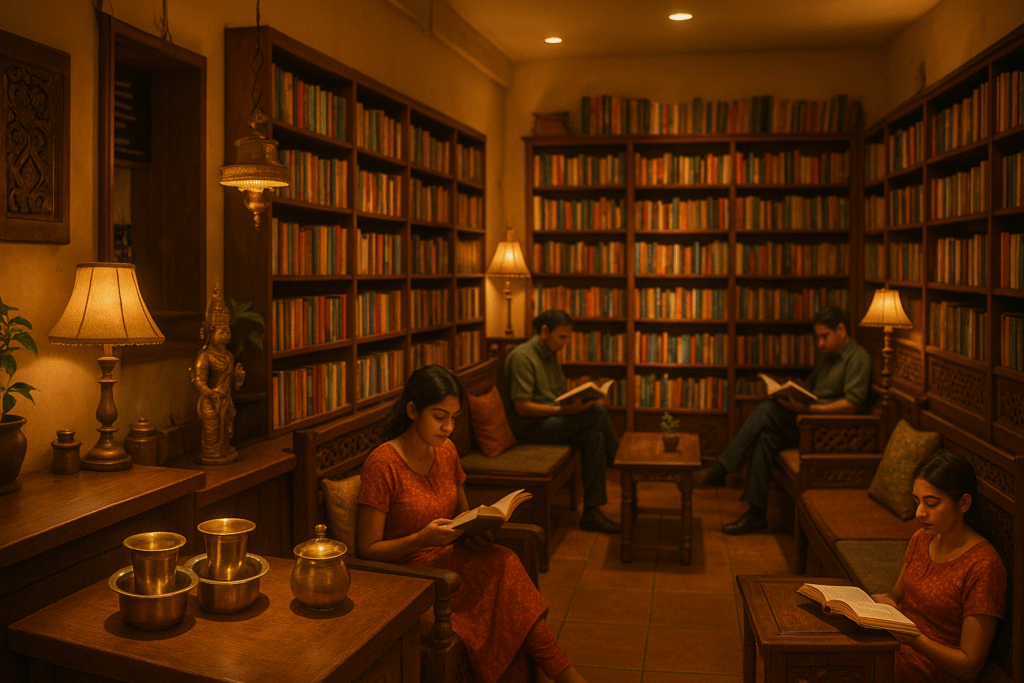 Cozy Indian bookstore café with couple browsing books and sipping filter coffee under warm lighting