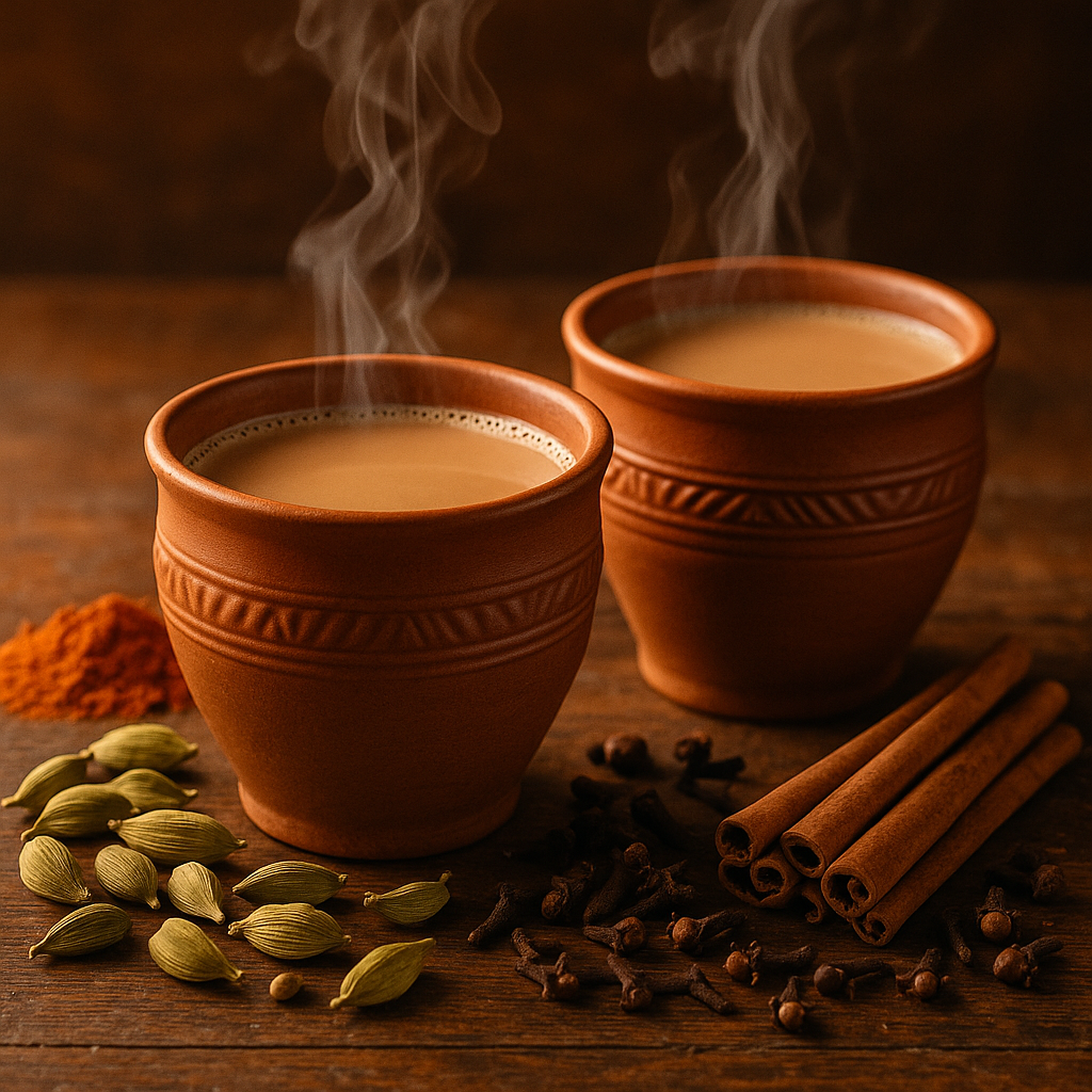 Close-up of steaming masala chai cups with cardamom and spices on a rustic wooden table.”